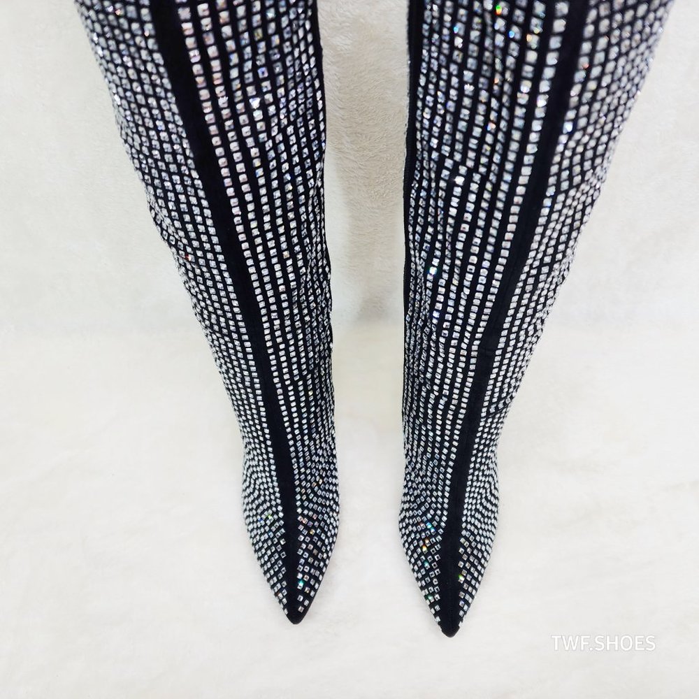 Glamour Shot Mirror Rhinestone Tinted 4" Pyramid Heel Knee High Boots Black - Picture 6 of 10